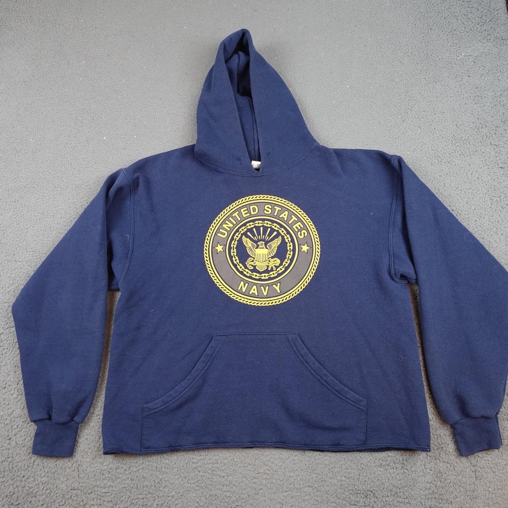 Vintage US Navy Hoodie Large Blue Soffe Fleece Pullover USA 90s Cropped
